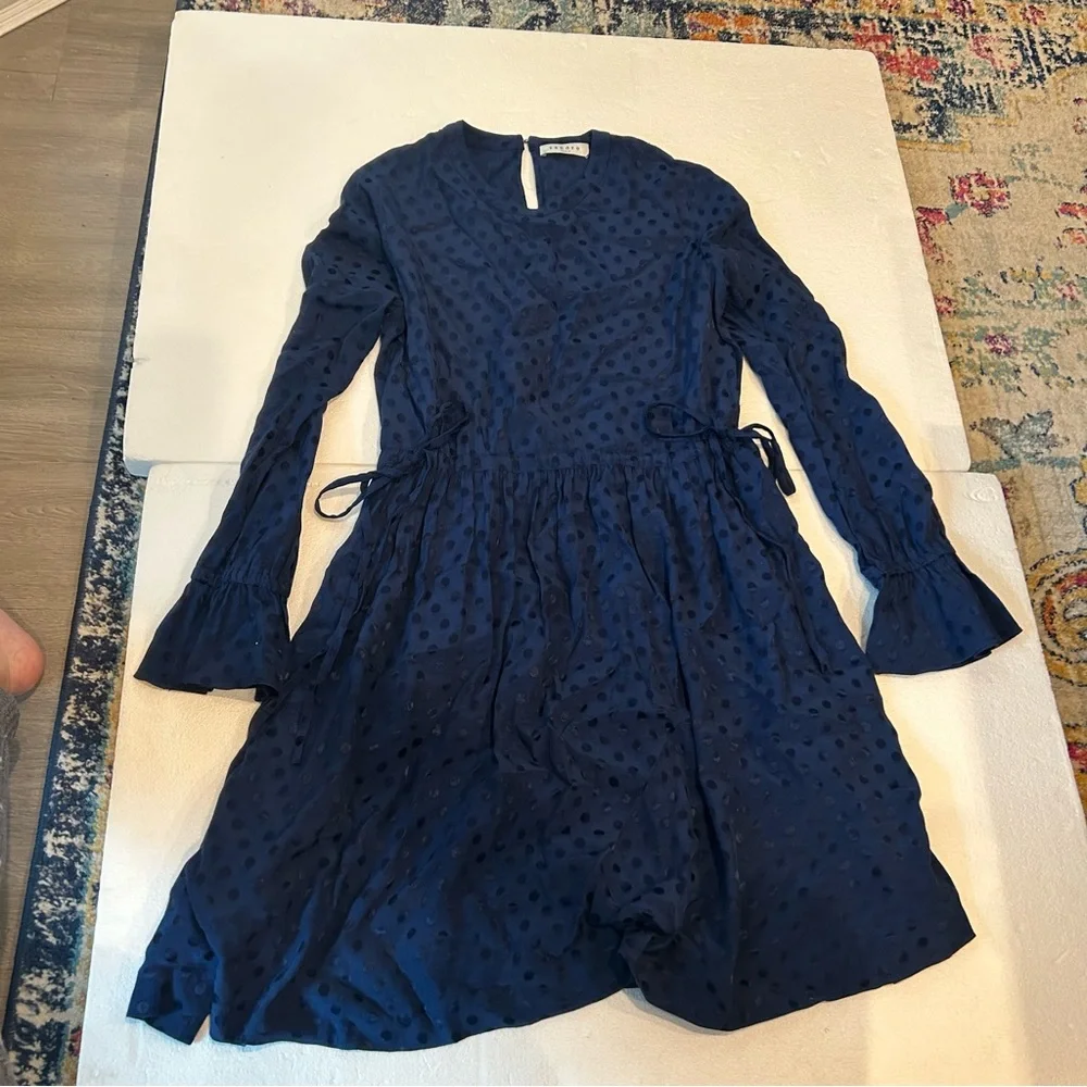 Sandro Paris navy polka dot mini dress fit and flare long sleeve - Picture 6 of 14